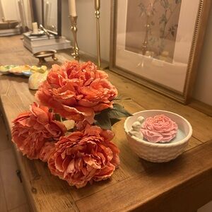 Silk Peony Stem Bouquet - Easter Candle on a Decorative Floral Ceramic